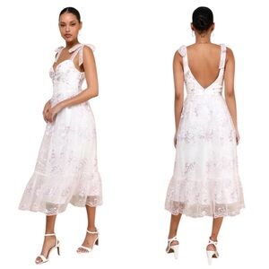 Lulus Distinctly Sweet White Floral Embroidered Tie-Strap
Midi Dress. Size large